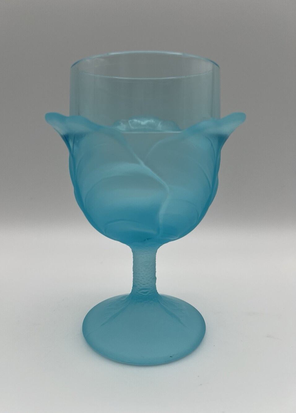 LG Wright Blue Satin Glass Cabbage Leaf Water Goblet Wine Glass 6.25” Vintage
